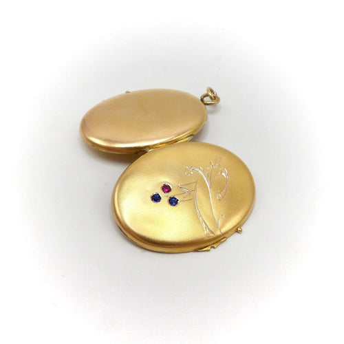 Pendentif Impérial russe - Médaillon en or 14k avec rubis et saphirs 58 Facettes