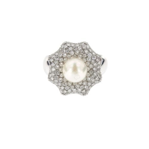 Bague 57 Bague fleur - Bague en or blanc 18 ct avec perle et diamants 58 Facettes 10510