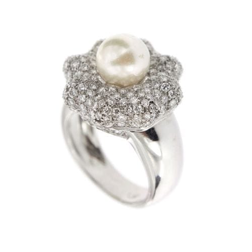 Bague 57 Bague fleur - Bague en or blanc 18 ct avec perle et diamants 58 Facettes 10510