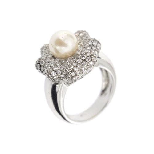 Bague 57 Bague fleur - Bague en or blanc 18 ct avec perle et diamants 58 Facettes 10510