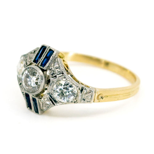 Bague 53 Bague Art déco en or jaune 14k et platine avec diamants et saphirs 58 Facettes 100088BBF04246548DD46635998F9FE2