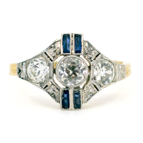 Bague 53 Bague Art déco en or jaune 14k et platine avec diamants et saphirs 58 Facettes 100088BBF04246548DD46635998F9FE2