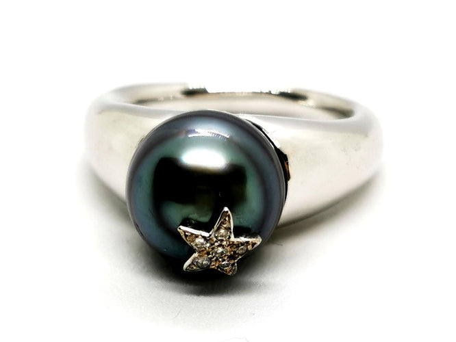 Bague 51 Bague en or blanc 18 carats avec perle de Tahiti et diamants 58 Facettes 1292003CN