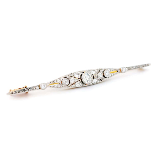 Broche Broche barre Art déco en platine, or jaune 14 carats et diamants 58 Facettes 76121C0F153B437E9E9194CC8655704C