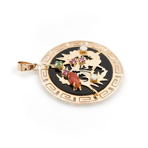 Pendentif Pendentif chinois en or jaune 18 carats avec rubis, opales et cornaline 58 Facettes 1718068CN