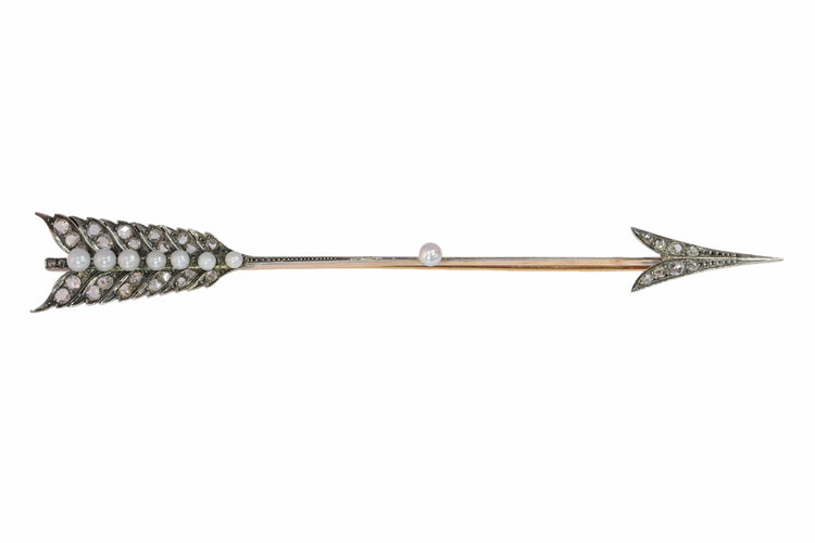 Broche Broche flèche victorienne en or rose 18 ct, argent, diamants et perles 58 Facettes 19231-0288
