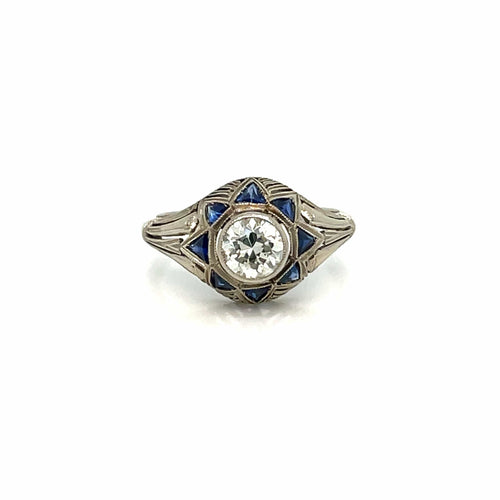 Bague Art déco - Bague filigranée en or blanc 18k, diamant 0,80 ct et saphirs 58 Facettes