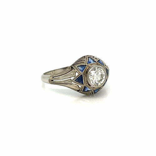 Bague Art déco - Bague filigranée en or blanc 18k, diamant 0,80 ct et saphirs 58 Facettes