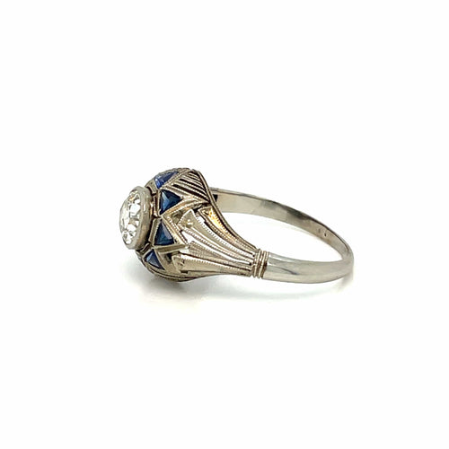 Bague Art déco - Bague filigranée en or blanc 18k, diamant 0,80 ct et saphirs 58 Facettes