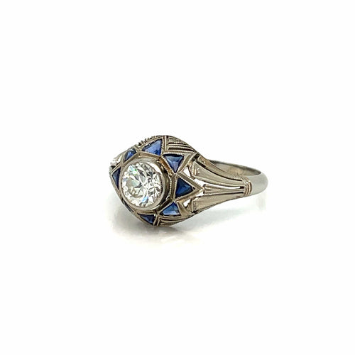 Bague Art déco - Bague filigranée en or blanc 18k, diamant 0,80 ct et saphirs 58 Facettes