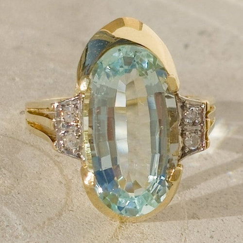 Bague 54 Bague Art déco en or jaune 14 carats avec aquamarine et diamants 58 Facettes