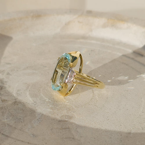 Bague 54 Bague Art déco en or jaune 14 carats avec aquamarine et diamants 58 Facettes