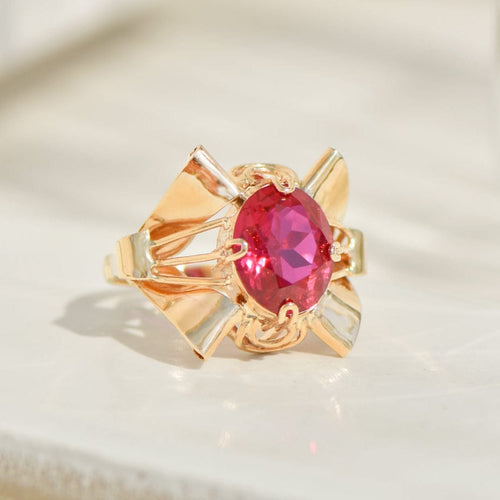 Bague 54.5 Bague cocktail vintage - Bague en or jaune 14K et rubis synthétique 58 Facettes 2353