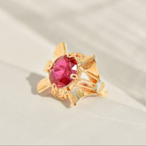 Bague 54.5 Bague cocktail vintage - Bague en or jaune 14K et rubis synthétique 58 Facettes 2353