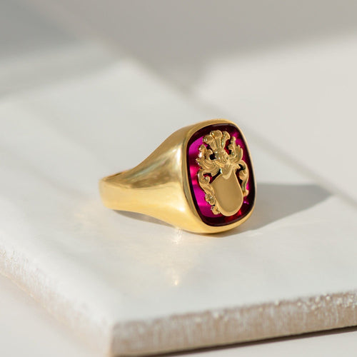 Bague 55.5 Bague chevalière vintage - Wappenring en or jaune 18 carats et rubis synthétique 58 Facettes