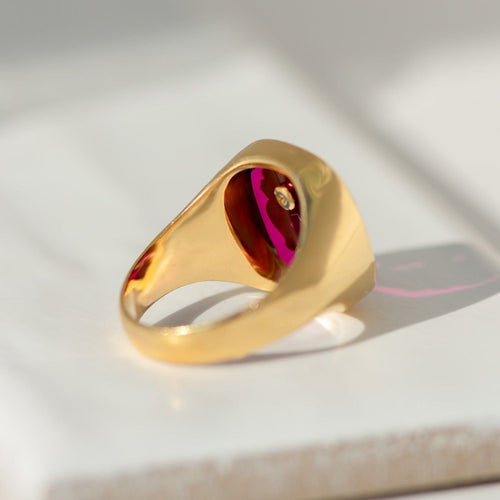 Bague 55.5 Bague chevalière vintage - Wappenring en or jaune 18 carats et rubis synthétique 58 Facettes
