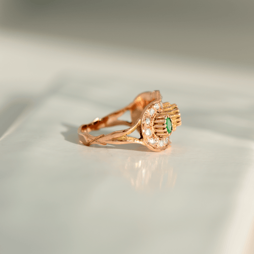 Bague 54 Bague victorienne - Bague en or rose 14K, émeraudes et diamants taille rose 58 Facettes