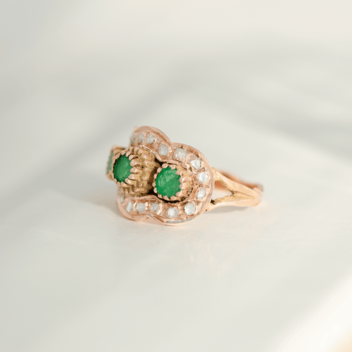 Bague 54 Bague victorienne - Bague en or rose 14K, émeraudes et diamants taille rose 58 Facettes