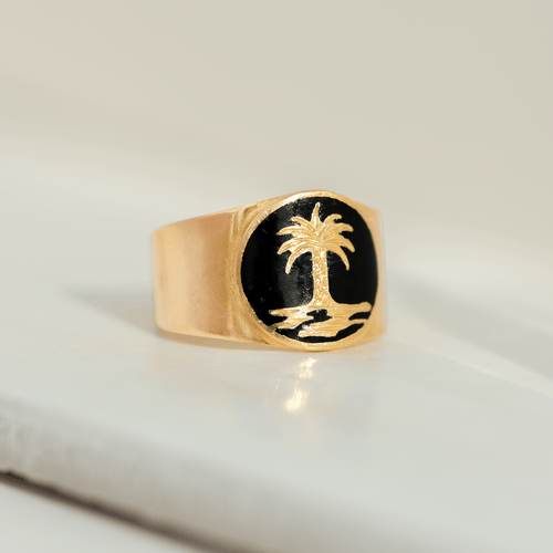Bague 56 Bague vintage palmier en or jaune 18 carats et émail noir 58 Facettes