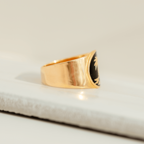 Bague 56 Bague vintage - Motif palmier en or jaune 18 carats et émail noir 58 Facettes