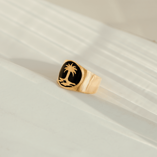 Bague 56 Bague vintage - Motif palmier en or jaune 18 carats et émail noir 58 Facettes