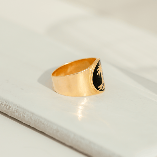 Bague 56 Bague vintage palmier en or jaune 18 carats et émail noir 58 Facettes