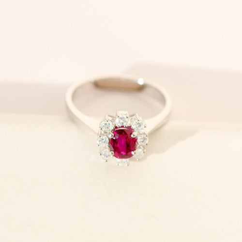 Bague 56 Bague vintage - Halo rubis et diamants en or blanc 18 carats 58 Facettes