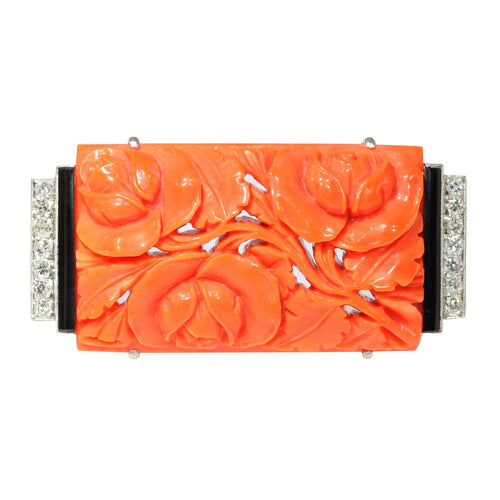 Broche Broche Art déco japonisme en or blanc 14K, platine, diamants, onyx et corail 58 Facettes 23277-0093