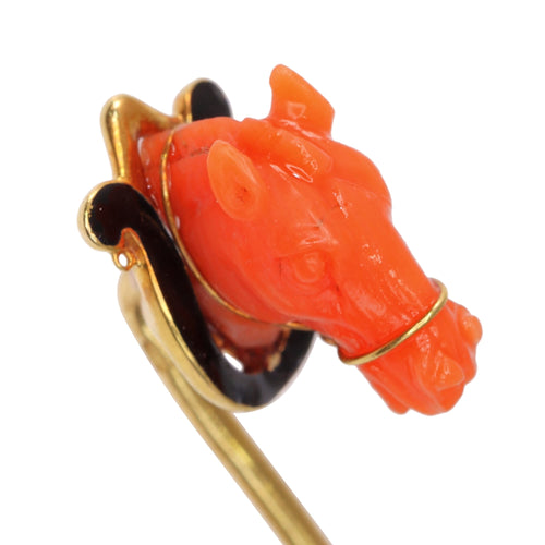 Épingle à cravate tête de cheval en corail en or jaune 18K 58 Facettes 24057-0275