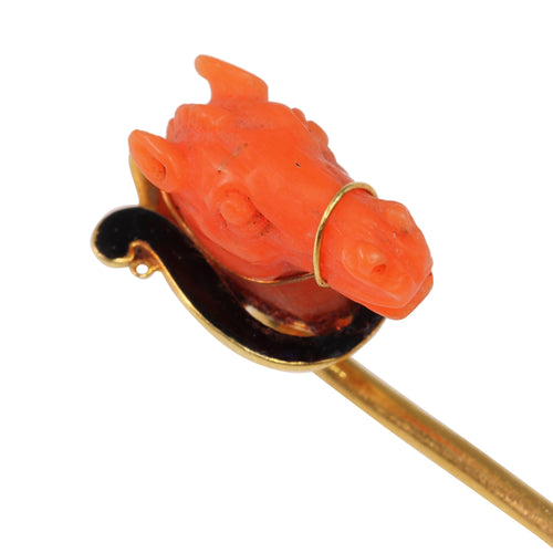 Épingle à cravate tête de cheval en corail en or jaune 18K 58 Facettes 24057-0275