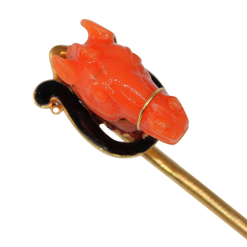 Épingle à cravate tête de cheval en corail en or jaune 18K 58 Facettes 24057-0275