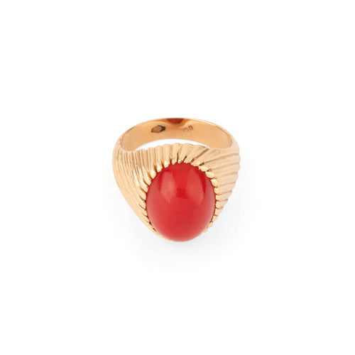 Bague 58 Bague chevalière cabochon corail en or jaune 14k 58 Facettes 1