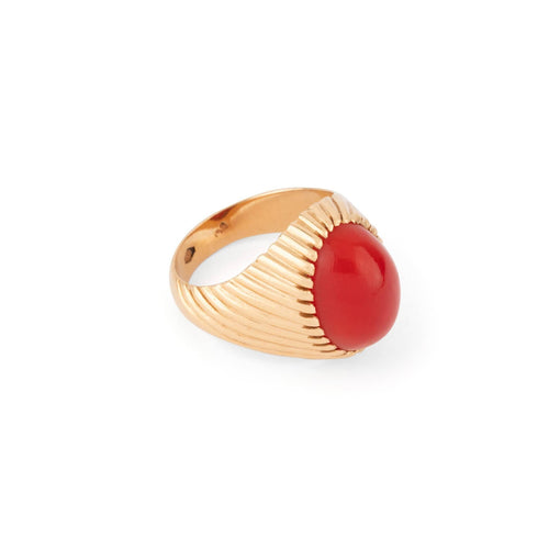 Bague 58 Bague chevalière cabochon corail en or jaune 14k 58 Facettes 1
