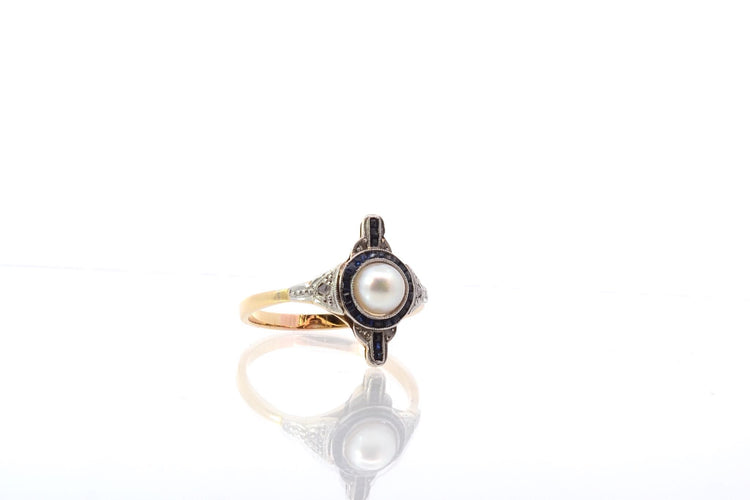 Bague 55 Bague en or jaune et platine avec perle, diamants et saphirs 58 Facettes 24969
