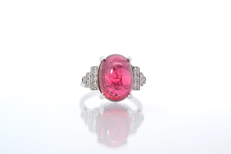 Bague 53 Bague en or blanc avec tourmaline cabochon et diamants 58 Facettes 25428 25449