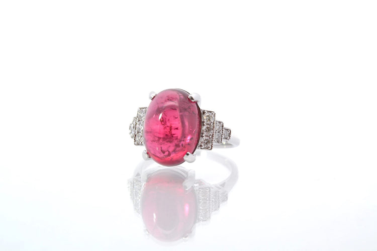 Bague 53 Bague en or blanc avec tourmaline cabochon et diamants 58 Facettes 25428 25449