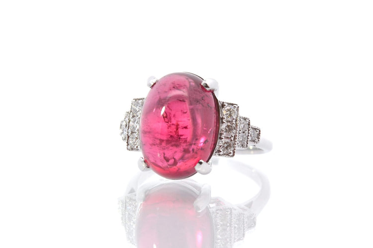 Bague 53 Bague en or blanc avec tourmaline cabochon et diamants 58 Facettes 25428 25449