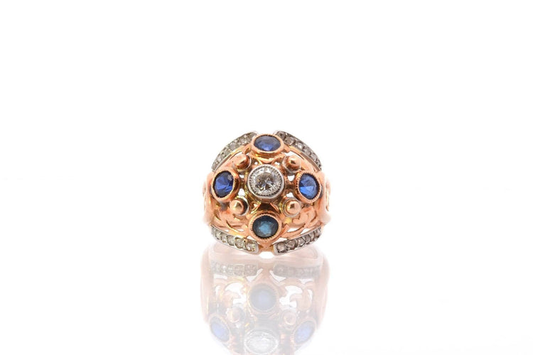 Bague 49 Bague dôme années 1950 en or jaune 18k, diamants et saphirs 58 Facettes 25514 dv