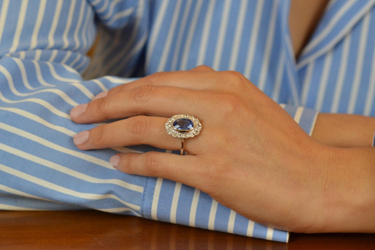 Bague 56 Bague vintage saphir de Ceylan 4,09 ct et diamants en platine 58 Facettes 25641-27222