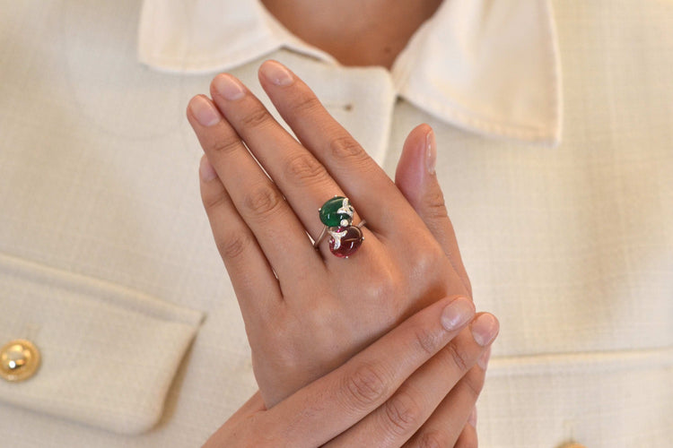 Bague 54 Bague en or blanc 18k avec tourmalines cabochons et diamants 58 Facettes 26158