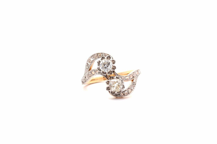 Bague 57 Bague Toi et Moi vintage en or jaune, platine et diamants 58 Facettes 26269