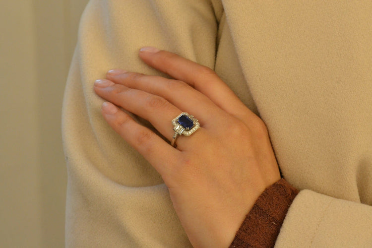 Bague 53 Bague vintage en platine au saphir de Ceylan 2,15 ct et diamants 58 Facettes 26693-27261
