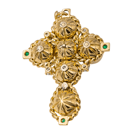 Pendentif Pendentif croix en or jaune serti de perles, diamants et émeraudes 58 Facettes 2709061CN