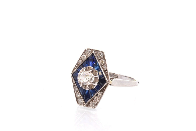 Bague 51.5 Bague Art déco en or blanc 18k avec diamants et saphirs 58 Facettes 27307