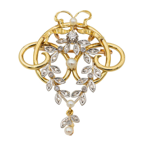 Broche Broche Art nouveau en or jaune, blanc et rose 18 carats avec perles et diamants 58 Facettes 2734285CN