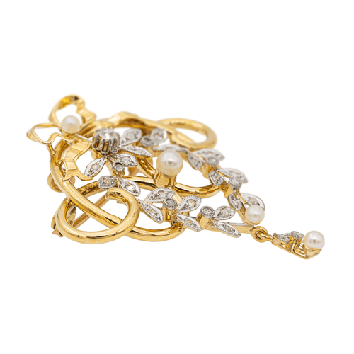 Broche Broche Art nouveau en or jaune, blanc et rose 18 carats avec perles et diamants 58 Facettes 2734285CN