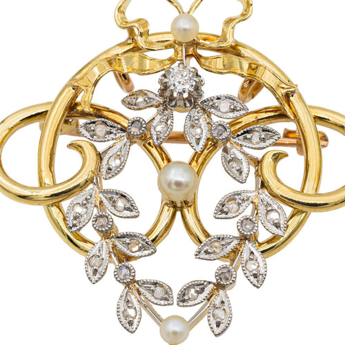 Broche Broche Art nouveau en or jaune, blanc et rose 18 carats avec perles et diamants 58 Facettes 2734285CN