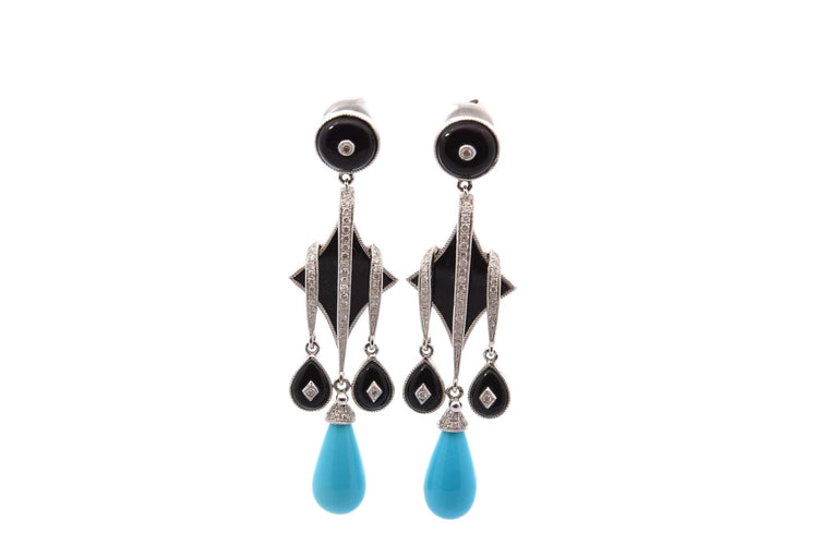 Boucles d'oreilles Boucles d’oreilles en or 18k avec onyx, diamants et turquoises 58 Facettes 27762dv