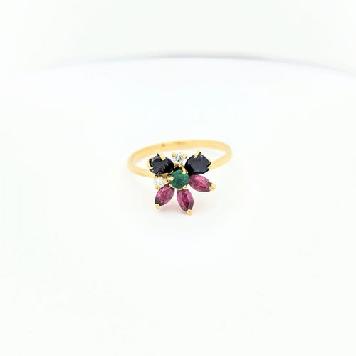 Bague 53 Bague florale en or jaune 18 carats avec rubis, saphirs et émeraude 58 Facettes 29575