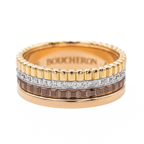 Bague 49 Boucheron Quatre - Bague petit modèle en or jaune, blanc et rose avec diamants 58 Facettes 3121528CN